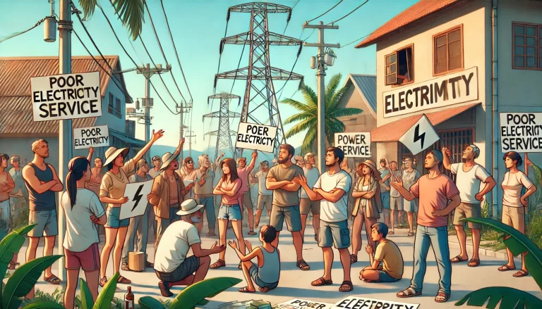 DALL·E 2024-11-28 04.31.03 - A group of people gathered outdoors in a tropical coastal region, visibly frustrated and protesting with signs and banners about poor electricity serv