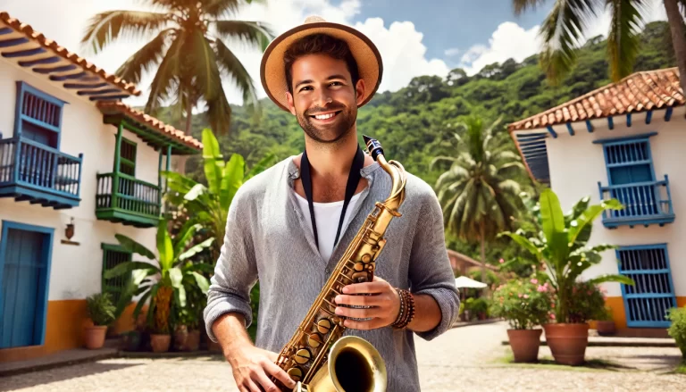 DALL·E 2025-01-08 13.53.19 - A musician from Turbaco, Colombia, standing in an outdoor tropical setting, holding a shiny saxophone. The musician is dressed in casual yet stylish a